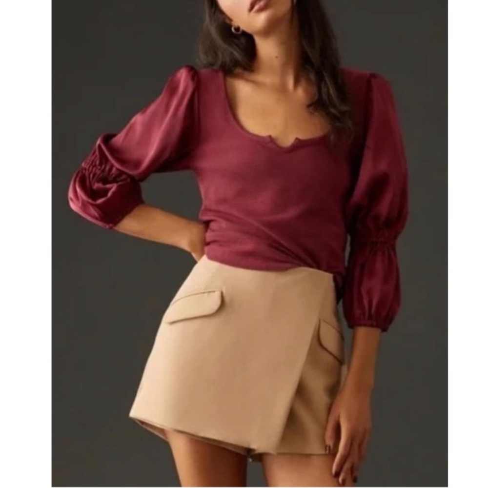 Maeve by Anthropologie Ribbed Tiered Long Sleeve Top in Burgundy Size Medium NEW